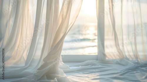 Sunlight gently filters through sheer white curtains, offering a serene view of the ocean waves in this tranquil beachside setting.