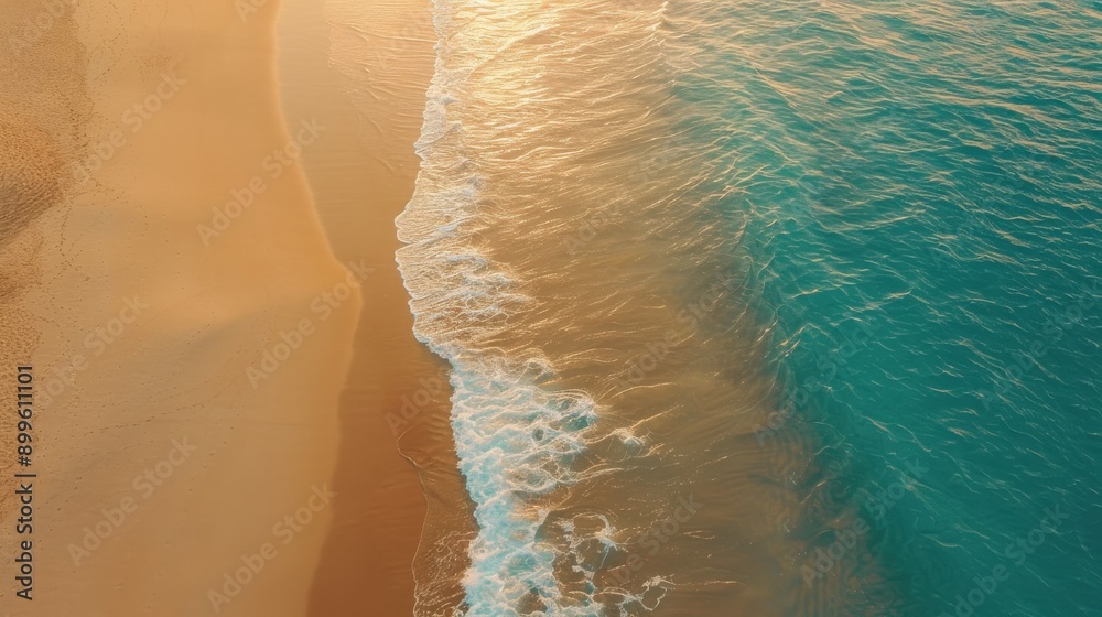 Aerial view of a pristine beach with turquoise waters and golden sand, showcasing the clear water and shoreline..