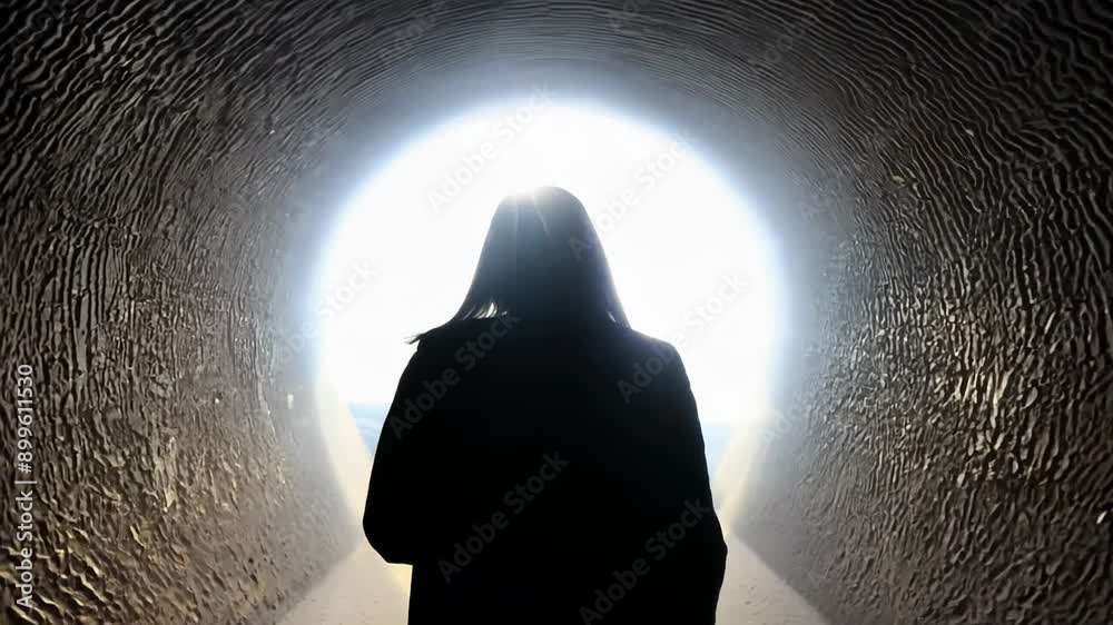 Silhouette of woman standing at the end of tunnel the light