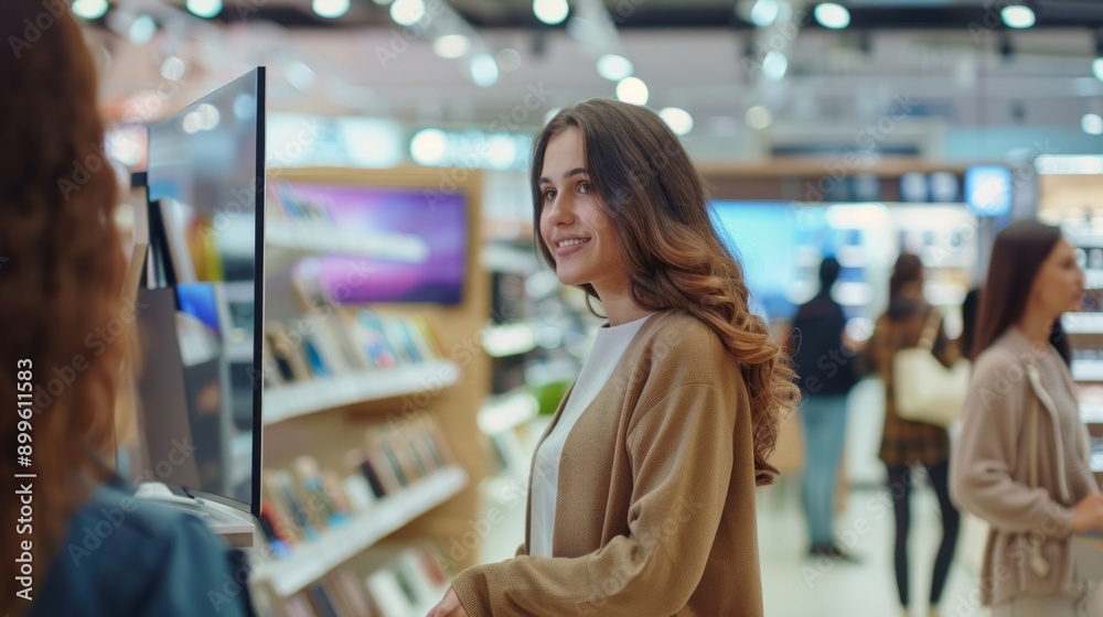 A woman is standing in a store with a cashier behind her A woman is standing in a store with a cashier behind her