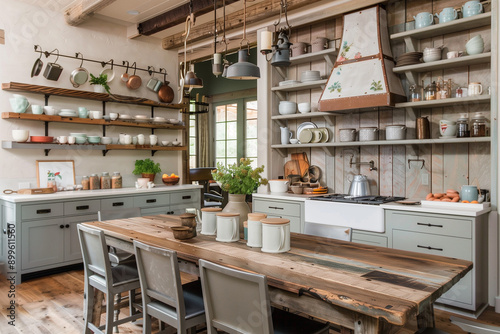 Rustic Country Kitchen with Open Shelving, Farmhouse Table, and Vintage Decor 