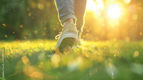 Closeup of casual shoe walking on grass with sunlight and bokeh in background