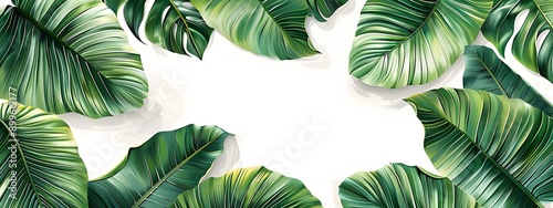 Vibrant Tropical Greenery. Realistic depiction of tropical green leaves against a white background photo