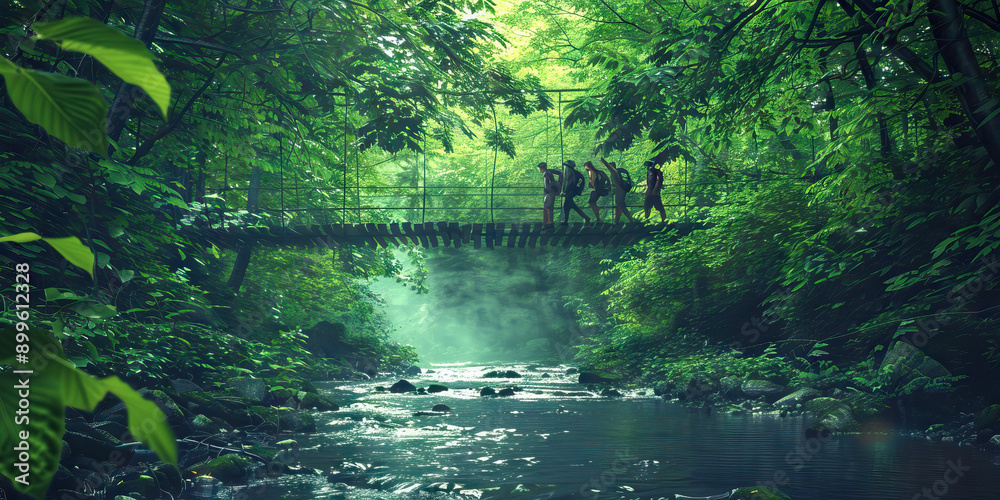 The Secure Route: A hiking group crossing a safe bridge over a tranquil stream in a lush green environment The Secure Route: A hiking group crossing a safe bridge over a tranquil stream in a lush green environment