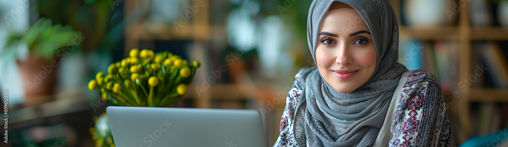 Islamic woman in headscarf, young islamic business lady banner, portrait of new age islamic woman, islamic woman operating computer banner