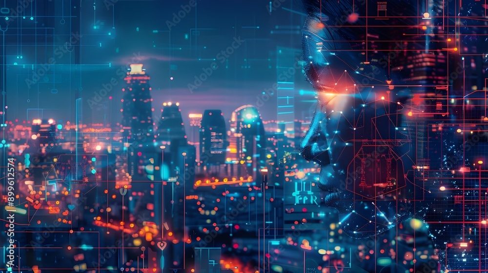 Fototapeta premium A vibrant cyber cityscape at night, illuminated by neon lights and digital billboards, exuding a lively urban atmosphere.