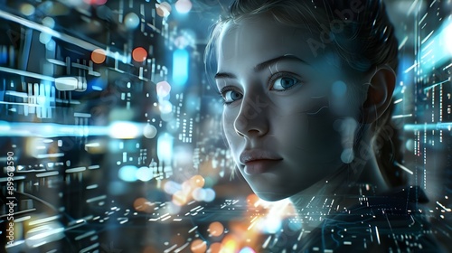 A young girl looking out at a digital cityscape with a reflective expression, symbolizing curiosity and the digital age.