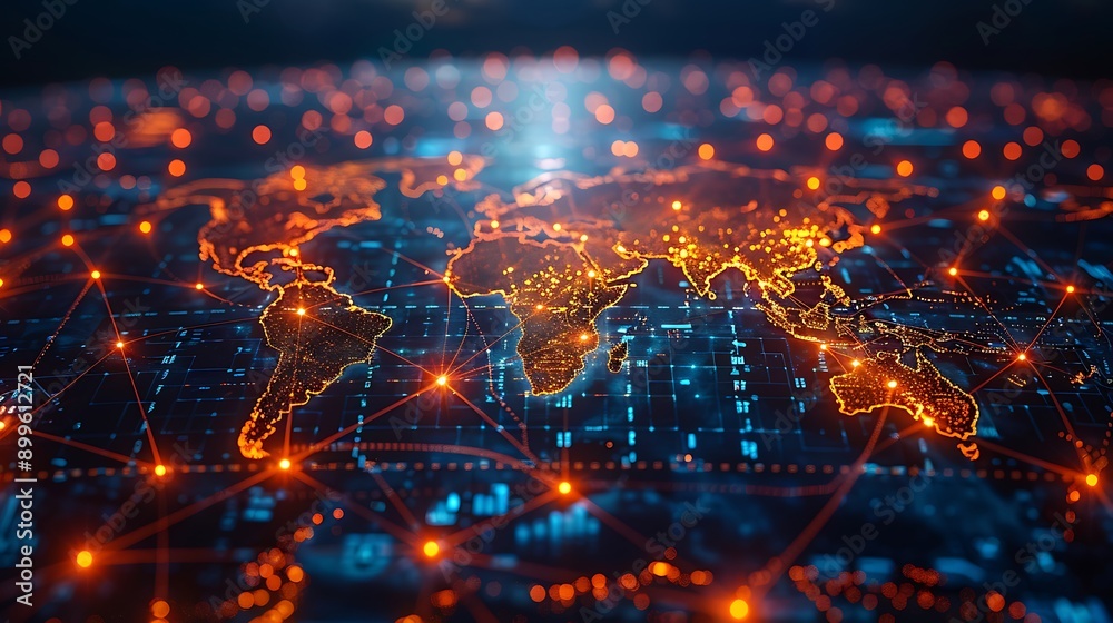 Fototapeta premium Illuminating the Digital World: A Stunning Visualization of Global Connectivity and Data Flow Across Continents