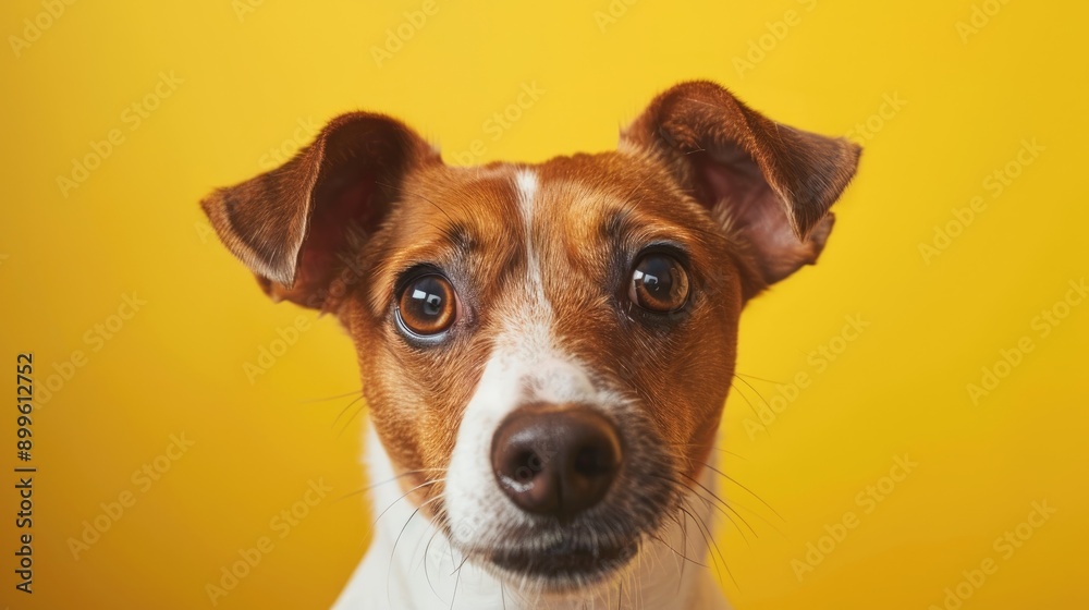 Curious dog interested in camera Jack Russell Terrier close up portrait on yellow background UNIQUE START Funny pet UNIQUE END Curious dog interested in camera Jack Russell Terrier close up portrait on yellow background UNIQUE START Funny pet UNIQUE END