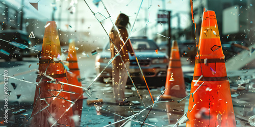 a car accident victim waits for help, surrounded by shattered glass and twisted metal, the vibrant orange of emergency cones reflecting off their pale skin photo