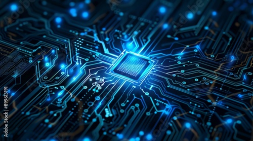Close-up view of microchip on circuit board with intricate details and glowing lights. Futuristic technology concept.