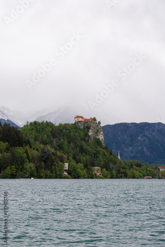 lake bled castle and mountains
