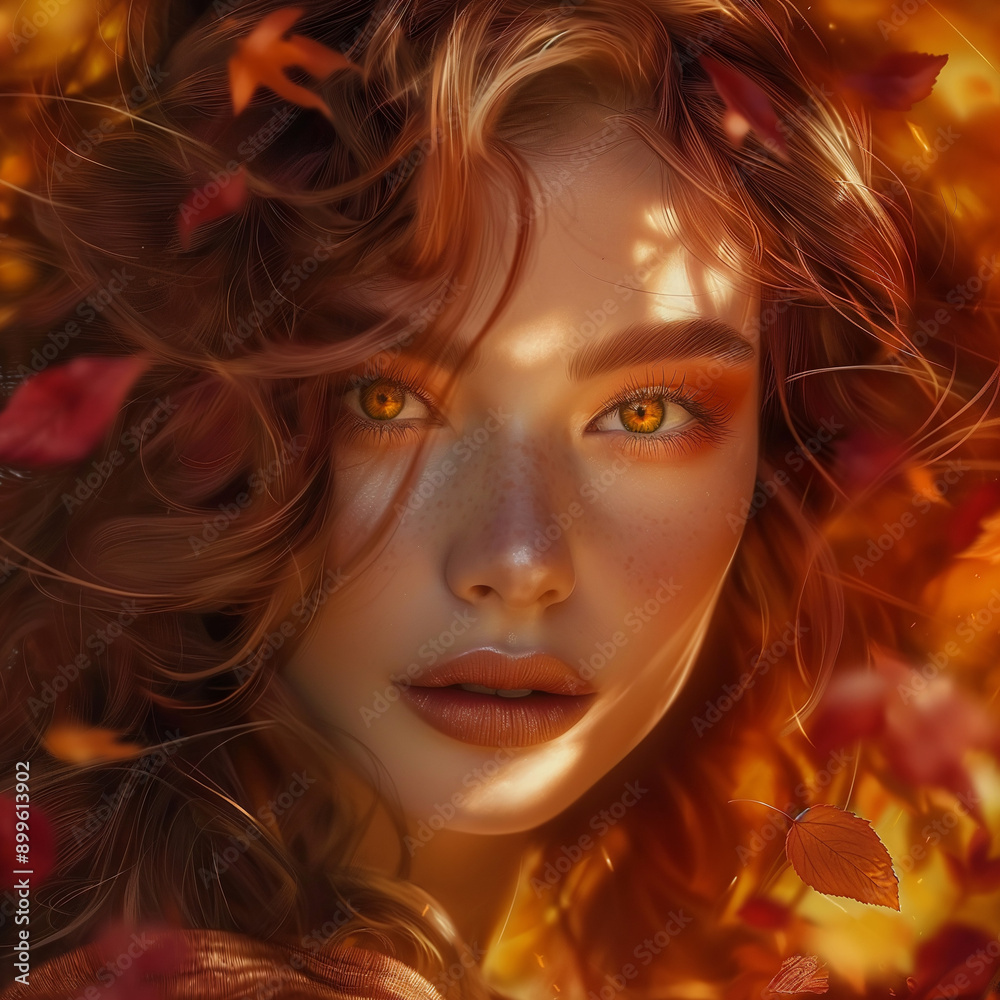 Close-Up of Freckled Red-Haired Woman with Autumn Leaves Close-Up of Freckled Red-Haired Woman with Autumn Leaves