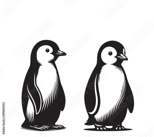  penguin set black silhouette art illustration white background - Generative AI