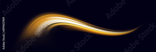 Glittering wavy trail. Golden glowing shiny spiral lines effect. Curved yellow line light. Swirling glow dynamic neon circles. Rotating shining rings. Shine magic gold swirl with 
