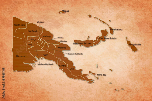 Papua New Guinea Map. Papua New Guinea Map with federal states in A vintage Color Texture Background