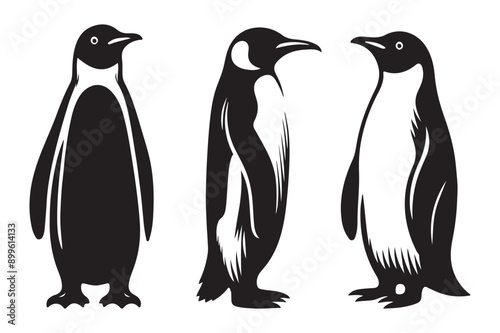  penguin set black silhouette art illustration white background - Generative AI
