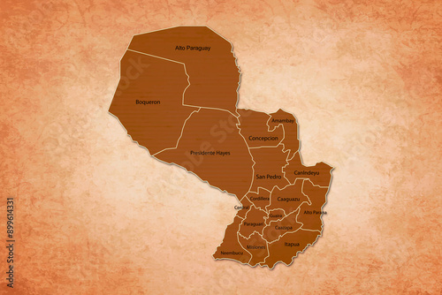 Paraguay Map. Paraguay Map with federal states in A vintage Color Texture Background