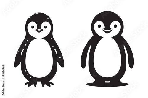  penguin set black silhouette art illustration white background - Generative AI