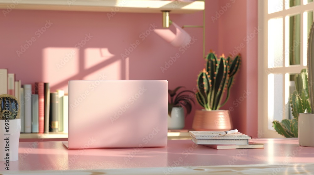 A back view image of a laptop computer, books, and a cactus shelf on a table in a minimalist room A back view image of a laptop computer, books, and a cactus shelf on a table in a minimalist room