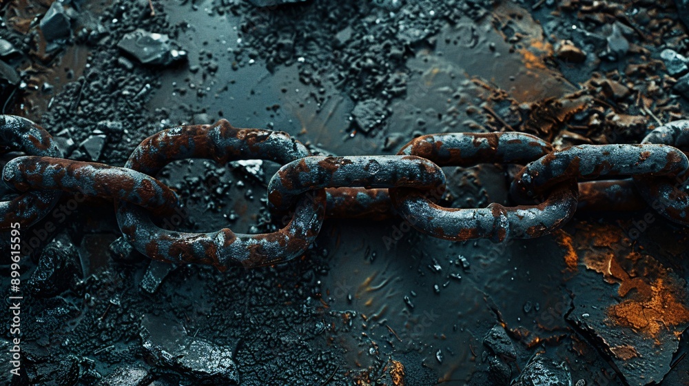 A rusty metal chain rests on the floor. A rusty metal chain rests on the floor.