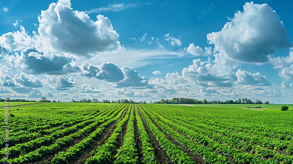 Stunning countryside scenery with lush rows of tubers and produce on a spring or summer agricultural plot, framed by a lovely sky filled with fluffy clouds.