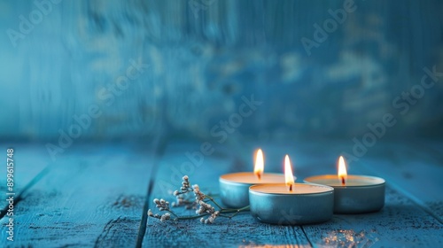 A blue background with three candles on it photo