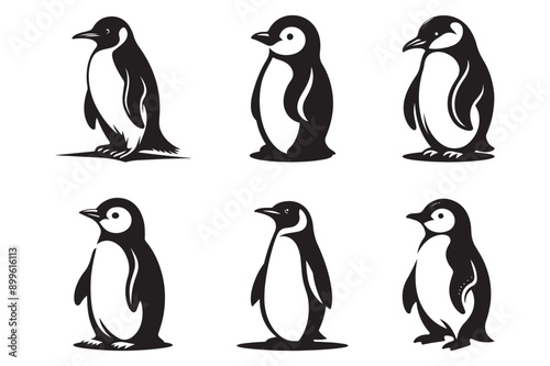  penguin set black silhouette art illustration white background - Generative AI