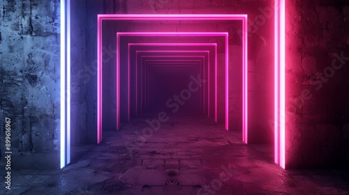Abstract hallway illuminated with vibrant neon lights, creating a surreal, atmospheric perspective ideal for creative projects. © sceneperfect