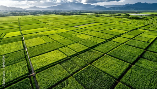 Aerial view of a vast, lush green rice paddy field with a mountain range in the distance.
