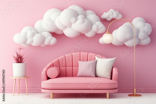 Cozy pink sofa in girly room with pink walls and cloud decorations