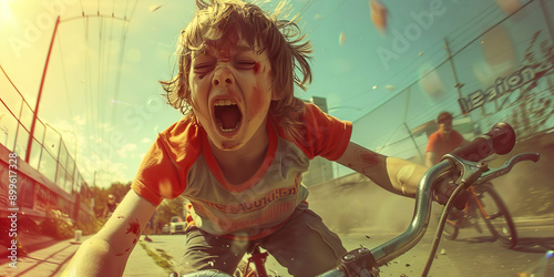 A child cries out in pain, clutching their skinned knee after falling off their bike. 