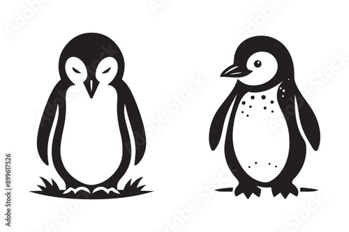  penguin set black silhouette art illustration white background - Generative AI