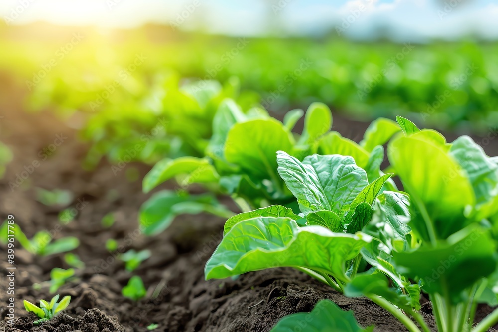 Close-up of green spinach plants growing in a field. Close-up of green spinach plants growing in a field.