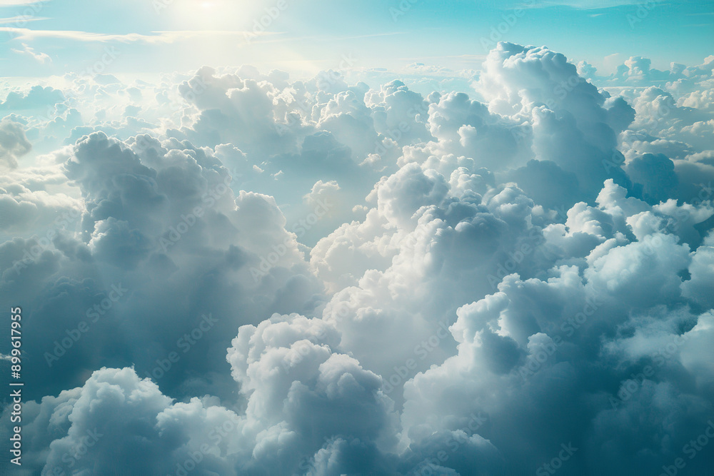 Fototapeta premium Tranquil Aerial View of Cumulus Clouds with Sunlit Highlights 