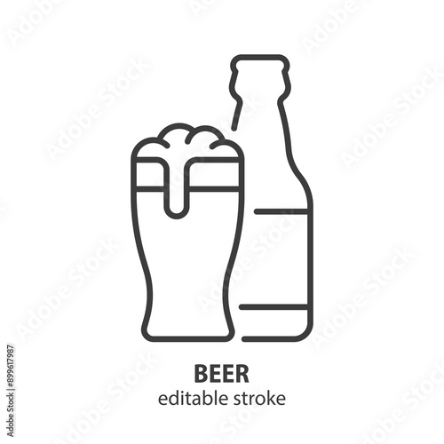 Glass of beer with bottle line icon. Alcoholic drink vector symbol. Editable stroke.