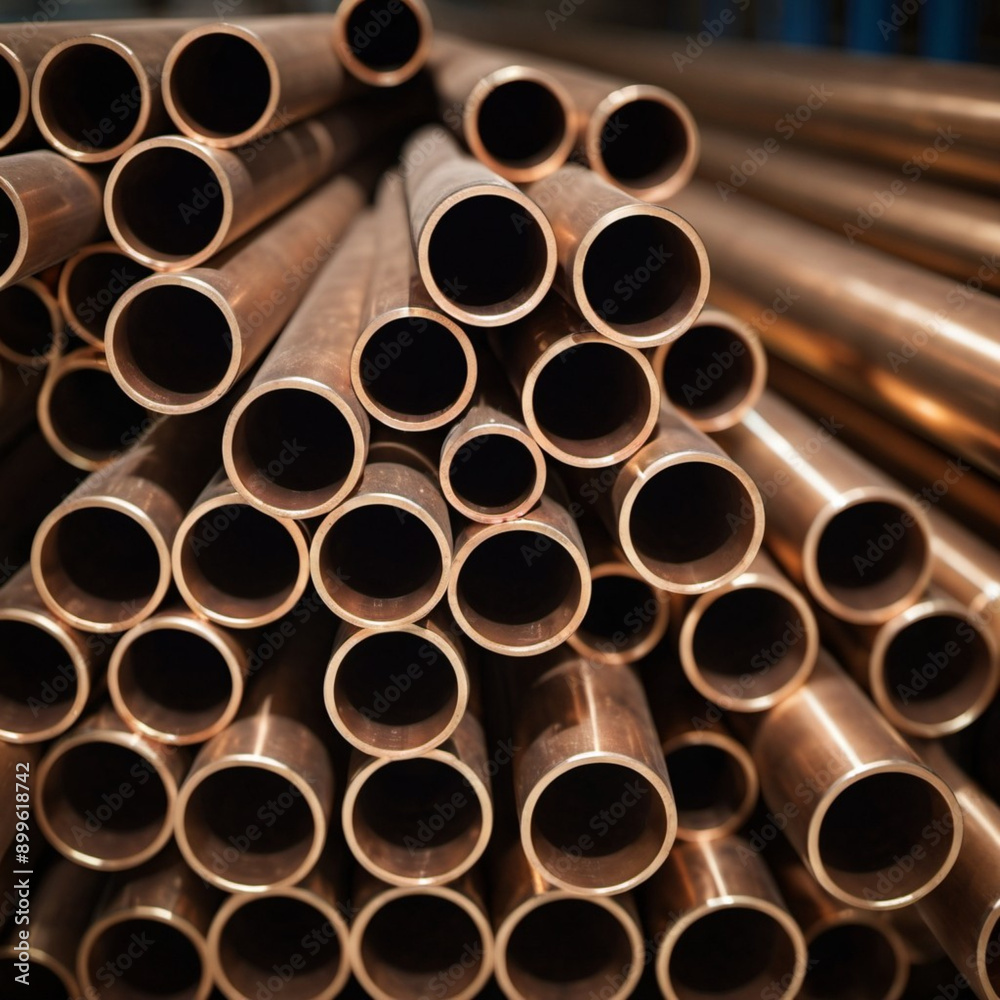 Copper bronze heat exchanger pipes. Heavy non-ferrous metallurgy. Factory industrial production of metal cuprum pipes. Heat exchanger is a technical device in which heat is exchanged between two media Copper bronze heat exchanger pipes. Heavy non-ferrous metallurgy. Factory industrial production of metal cuprum pipes. Heat exchanger is a technical device in which heat is exchanged between two media