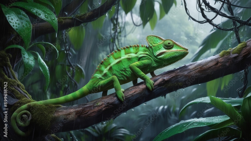 a breathtakingly realistic illustration of a solitary, vibrant green chameleon perched on a weathered, moss-covered tree branch, set amidst the lush, emerald canopy of the core jungle during the rainy a breathtakingly realistic illustration of a solitary, vibrant green chameleon perched on a weathered, moss-covered tree branch, set amidst the lush, emerald canopy of the core jungle during the rainy