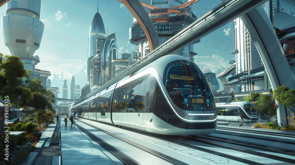 Naklejka premium A futuristic public transportation system with sleek maglev trains gliding through a modern cityscape. The city features advanced architecture, greenery, and bright skies, showcasing efficient