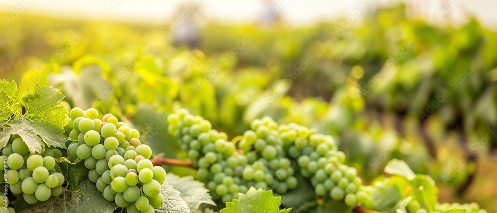 Close-up of ripe green grapes on a vine in a vineyard. Close-up of ripe green grapes on a vine in a vineyard.