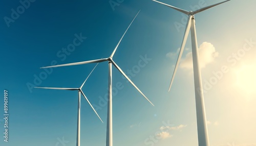 Wind turbines against a clear blue sky, generating clean energy.
