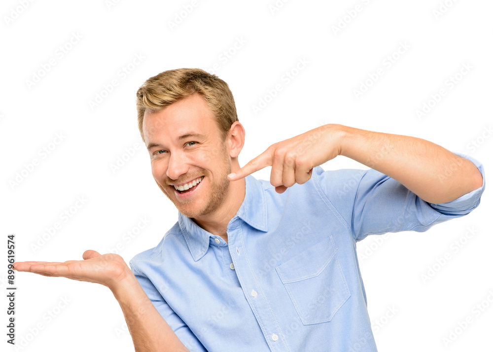 Man, portrait and pointing at product placement in studio for choice, decision or opportunity for promotion. Offer, deal and happy male person showing announcement, brand or prize on white background Man, portrait and pointing at product placement in studio for choice, decision or opportunity for promotion. Offer, deal and happy male person showing announcement, brand or prize on white background