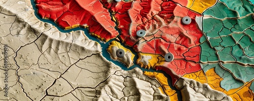 Abstract map with colorful lines and shapes.