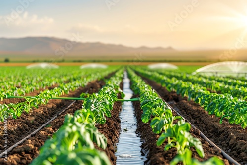 Rows of green crops in a field with irrigation system and sunset sky