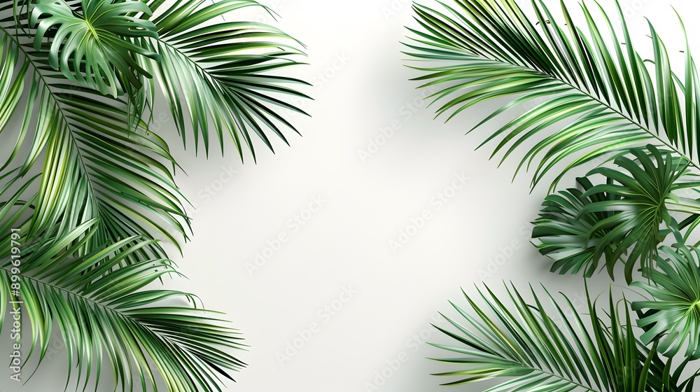 Tropical Paradise. Lush green palm leaves in a realistic 3D arrangement concept Tropical Paradise. Lush green palm leaves in a realistic 3D arrangement concept