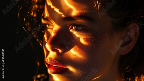 A close-up portrait of a woman's face with artistic light and shadow effects, highlighting her intense gaze and detailed features. The interplay of light creates a dramatic and captivating visual