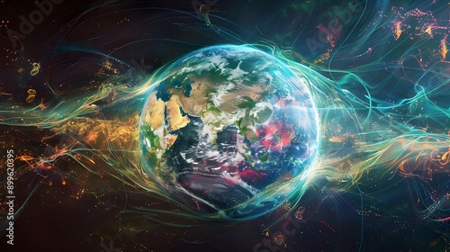 A complex and colorful digital globe enveloped in layers of data streams, representing the vast and intricate network of global digital communications.

