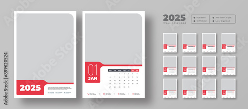 2025 wall calendar template with calendar cover, week starts Monday, set of 12 months, 12 pages