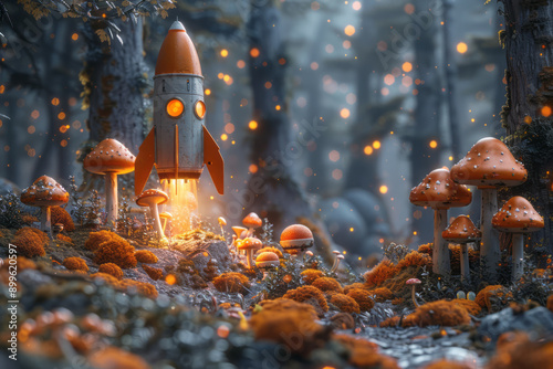 Create a dreamy landscape where a rocket ship rests among giant, glowing mushrooms, evoking a sense of adventure,
