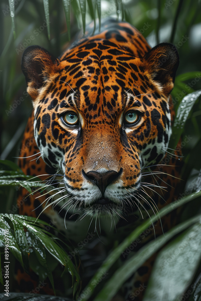 Obraz premium A majestic jaguar prowling through the dense foliage of an exotic jungle, showcasing its stunning coat,